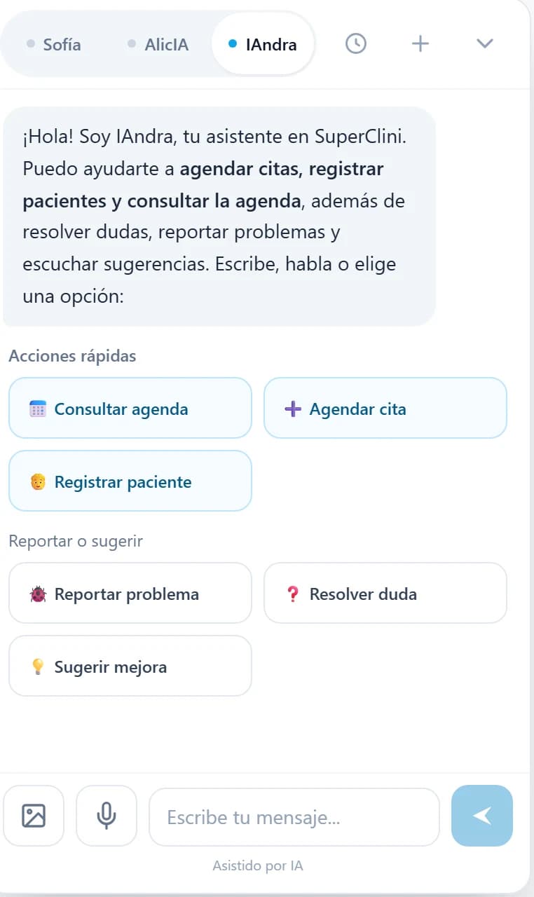 Panel real de IAndra con sus acciones rápidas dentro de SuperClini