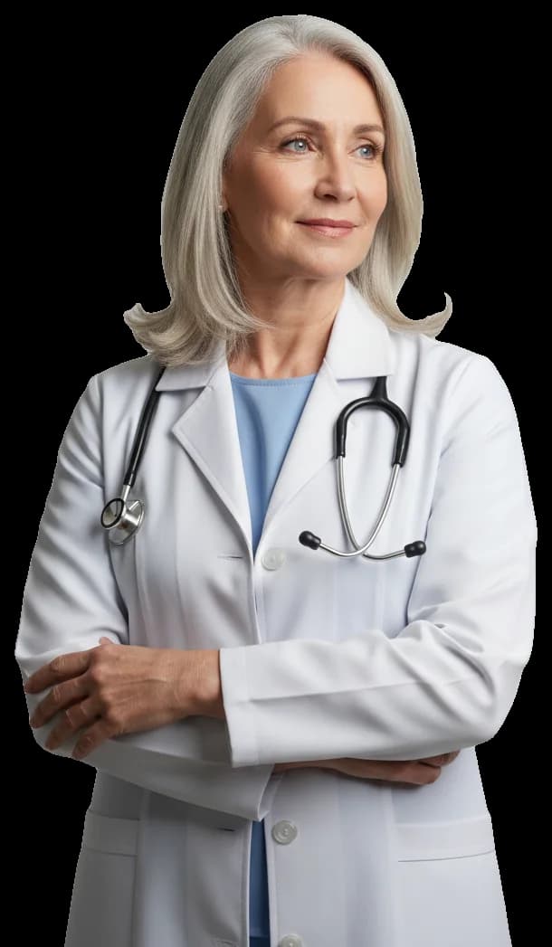 Médica con bata y estetoscopio mirando la agenda de su clínica